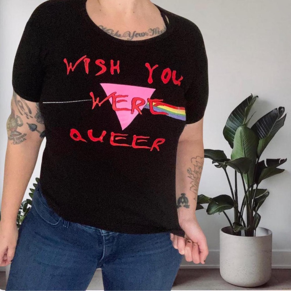American Apparel Wish you Were Queer Pink Floyd Retro Graphic Tee Black Large